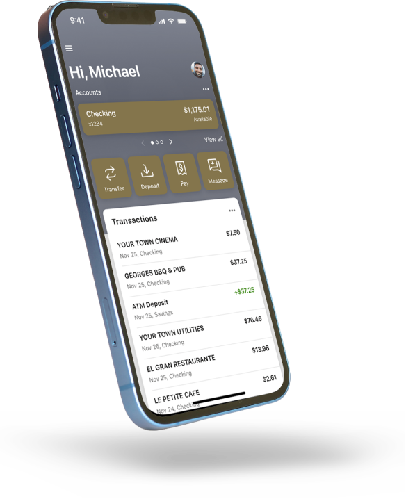 Phone displaying mobile banking app.